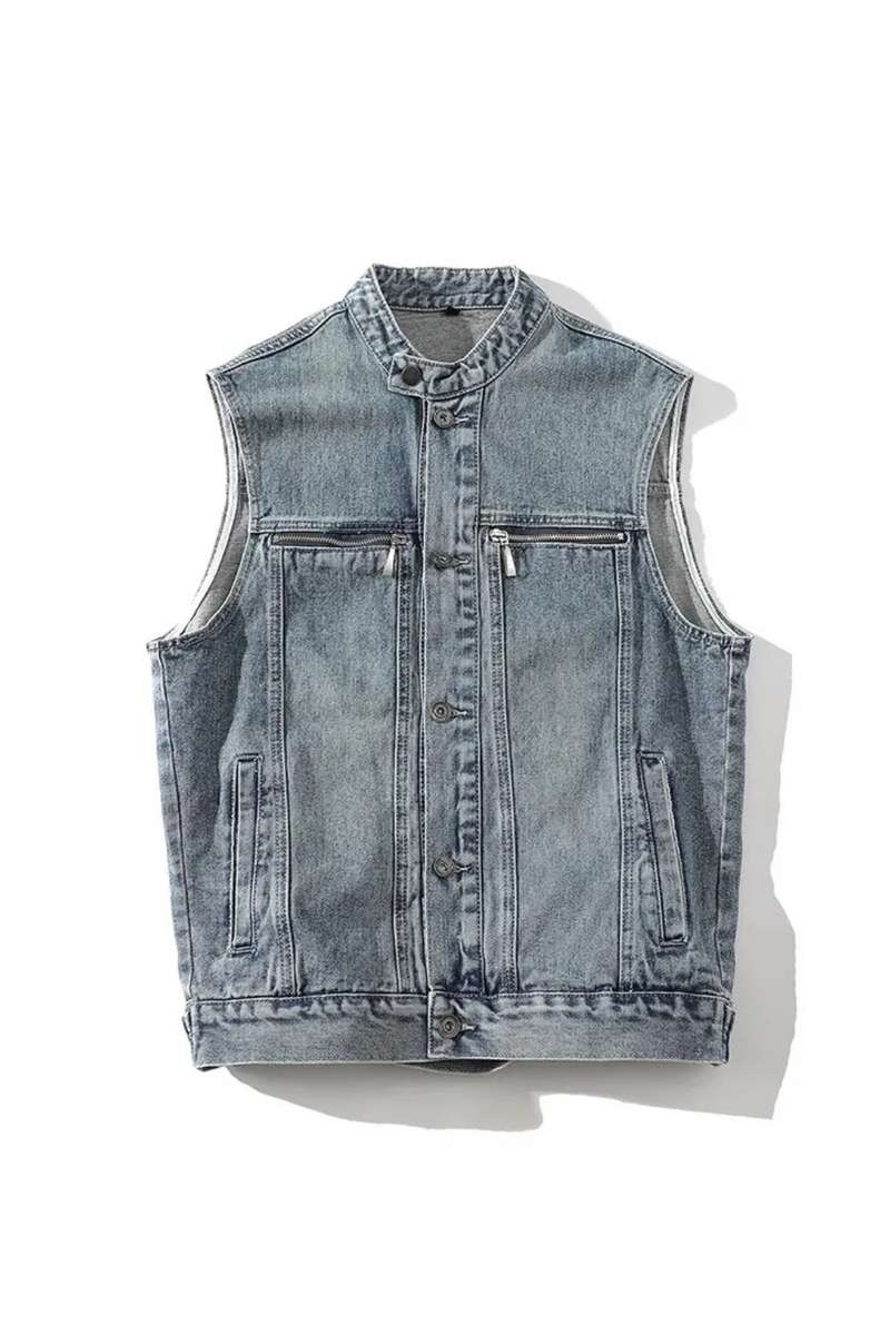 Autumn Denim Vest Men Sleeveless Moto Biker Jean Jacket Coat Mens Stand Collar Denim Waistcoat Streetwear