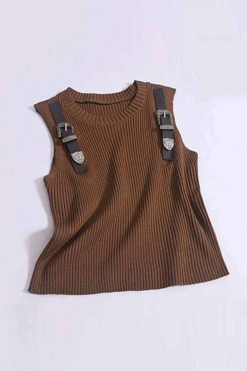 Women Tank Top Shoulder Belt Decoration Elastic Crop Top Sleeveless Knit Shirt Spring Summer