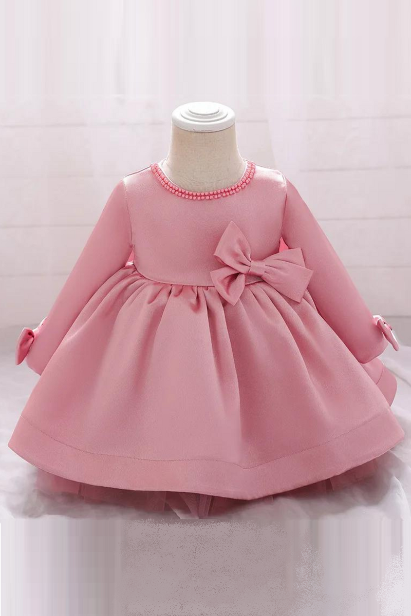 Flower Girls Pink Wedding Dresses Kids Long Sleeve Bead Appliques Lace Party Princess Birthday Dress Child Clothing