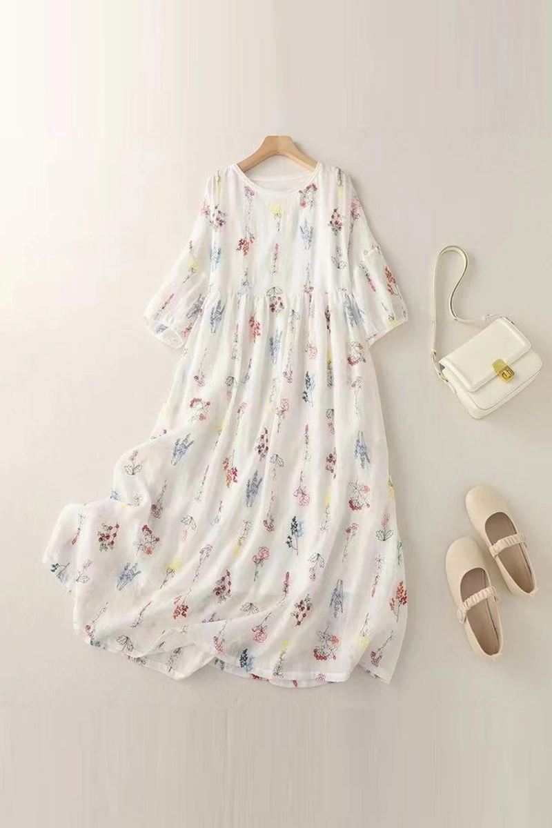 Elegant White Dress Summer Women Floral Embroidered Party Dresses Batwing Sleeve Holiday Beach Sundress