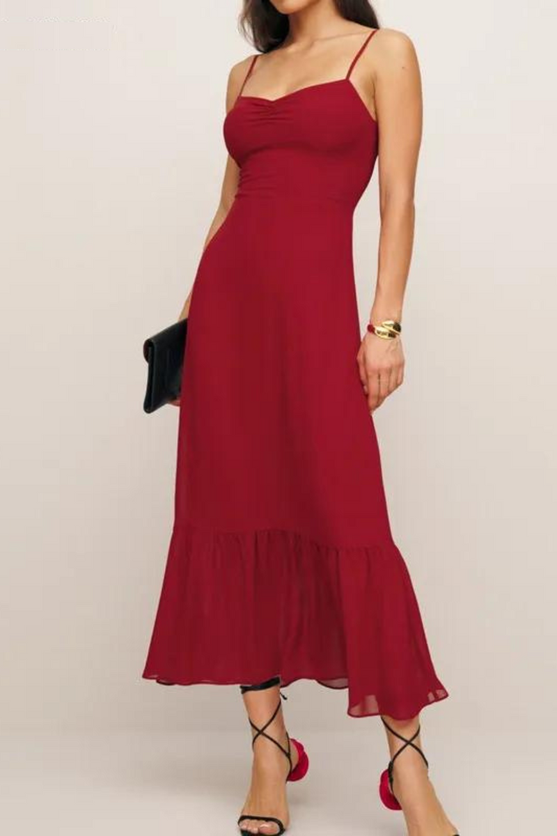 Retro French Style Solid Dark Red Ruched V neck Sling Dress Women