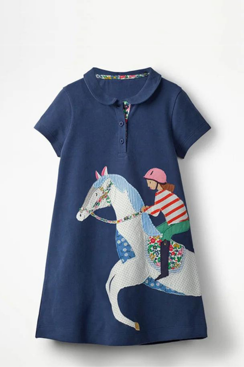 Girls Dresses With Collar Horse Applique Selling Summer Kids Clothing Short Sleeve Baby Frocks