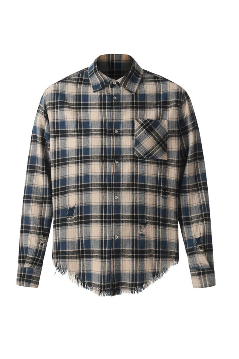 Raw Edge Plaid Long Sleeve Shirts Mens Ripped Retro