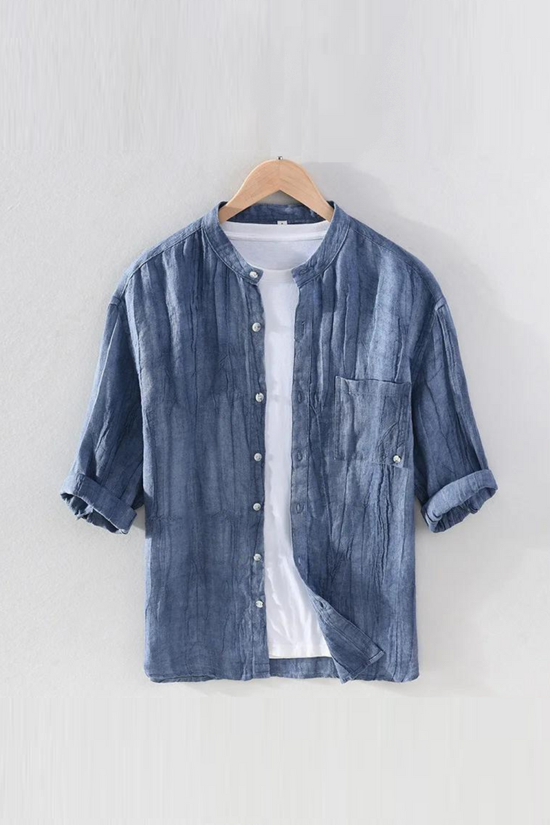 Men Linen Half Sleeve Shirt Stand Collar Loose Casual Half Sleeve Shirt