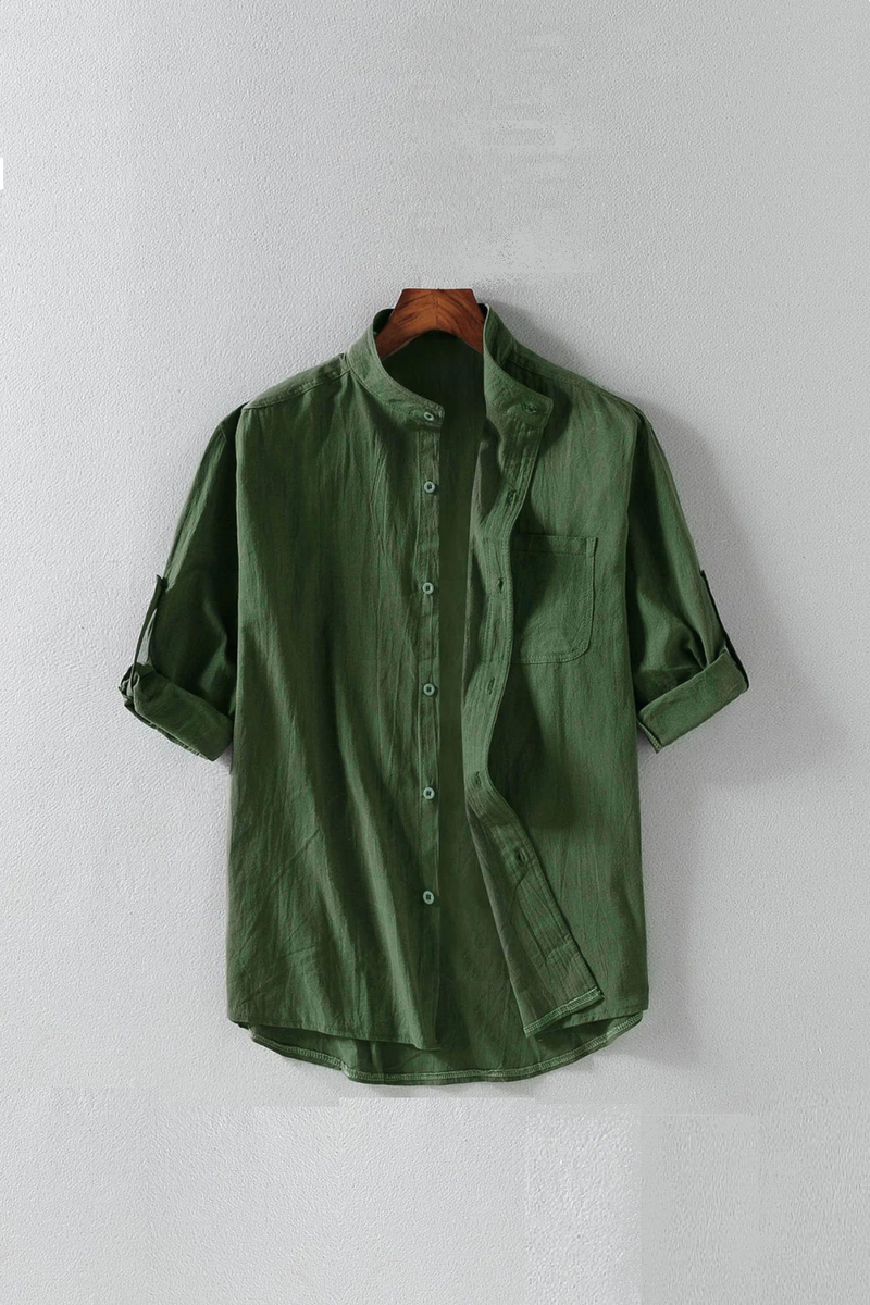 Men Summer Shirts Stand-up Collar Mid-sleeve Shirt Cotton Linen Loose