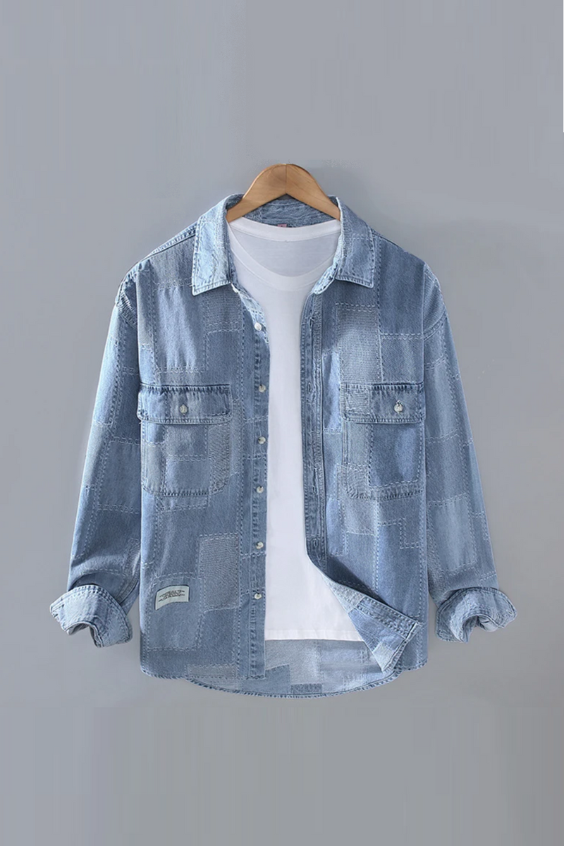 Denim Shirt Men High Street Casual Light Blue Jean Tops Pure Spliced Designer Shirt