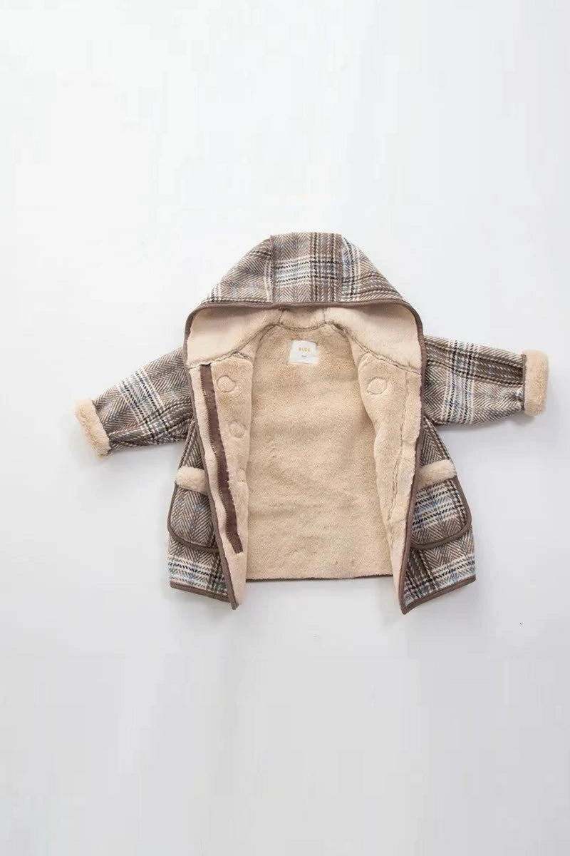 Autumn Winter Hooded Plaid Jacket for Girls Kids Outerwear Thicken Warm Fur Jackets Wool Coats