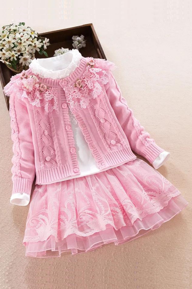 Spring Autumn Girls Sweater Skirt T-shirt  Clothing Set Children Cotton  Cardigan Lace Princess Outfits Kids Mesh Suit Set