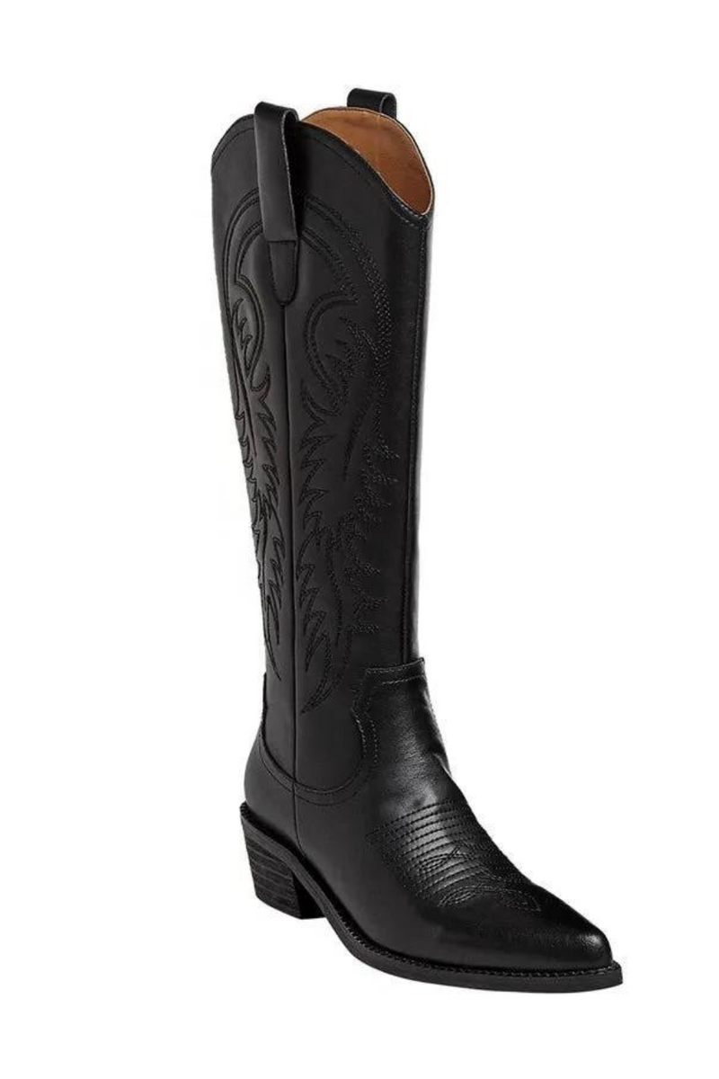 Genuine Leather Western Boots Square Med Heels Winter Women's Boots Cool Female Zipper Knee High Boots