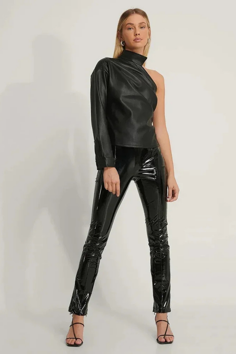 Women Shiny Leather Bodycon Pants Ladies Slim Stretch Pencil Trousers Clubwear