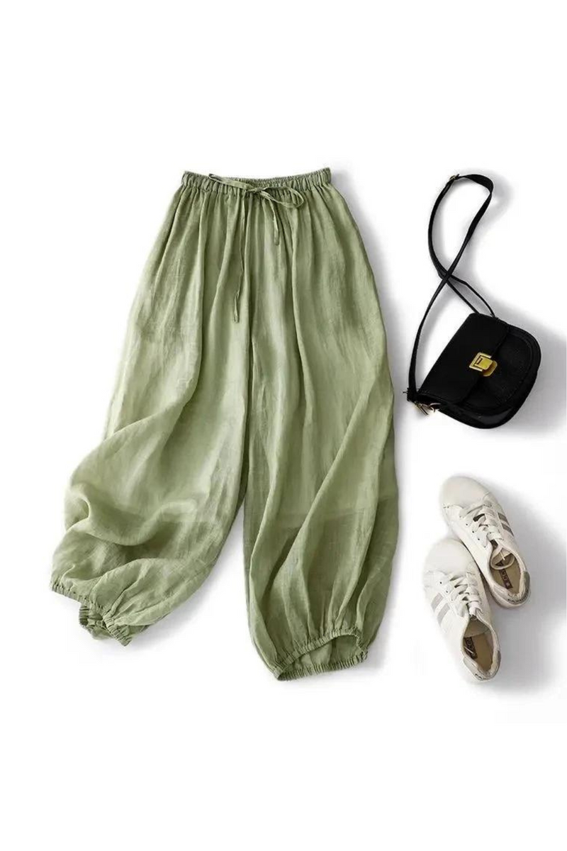 Bloomers Green Solid Casual Elastic High Waist Wide-Leg Loose Women's Pants Ankle-Length Pants For Women