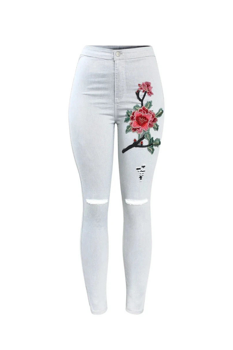 Ripped Knees Floral Jeans With Embroidery Woman Stretchy Denim Pants Trousers For Women