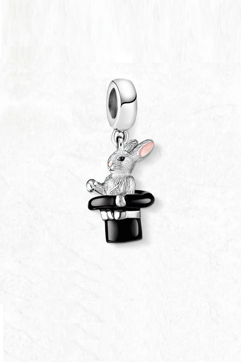 925 Sterling Silver Rabbit Charm Magician Jewelry Bunny With Top Hat Magic Cute Gift