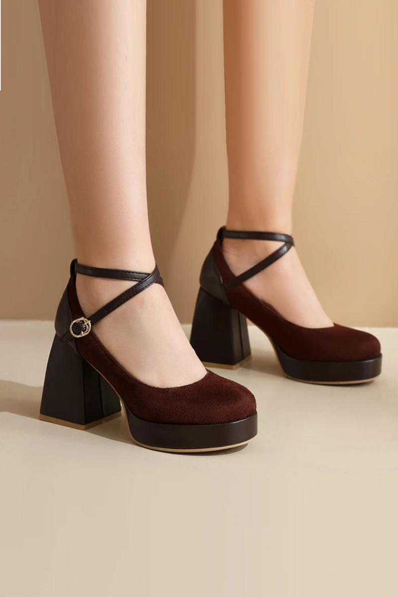 Ankle Cross Strap Buckle Casual High Heels Thick Heel Shallow Spring Pumps