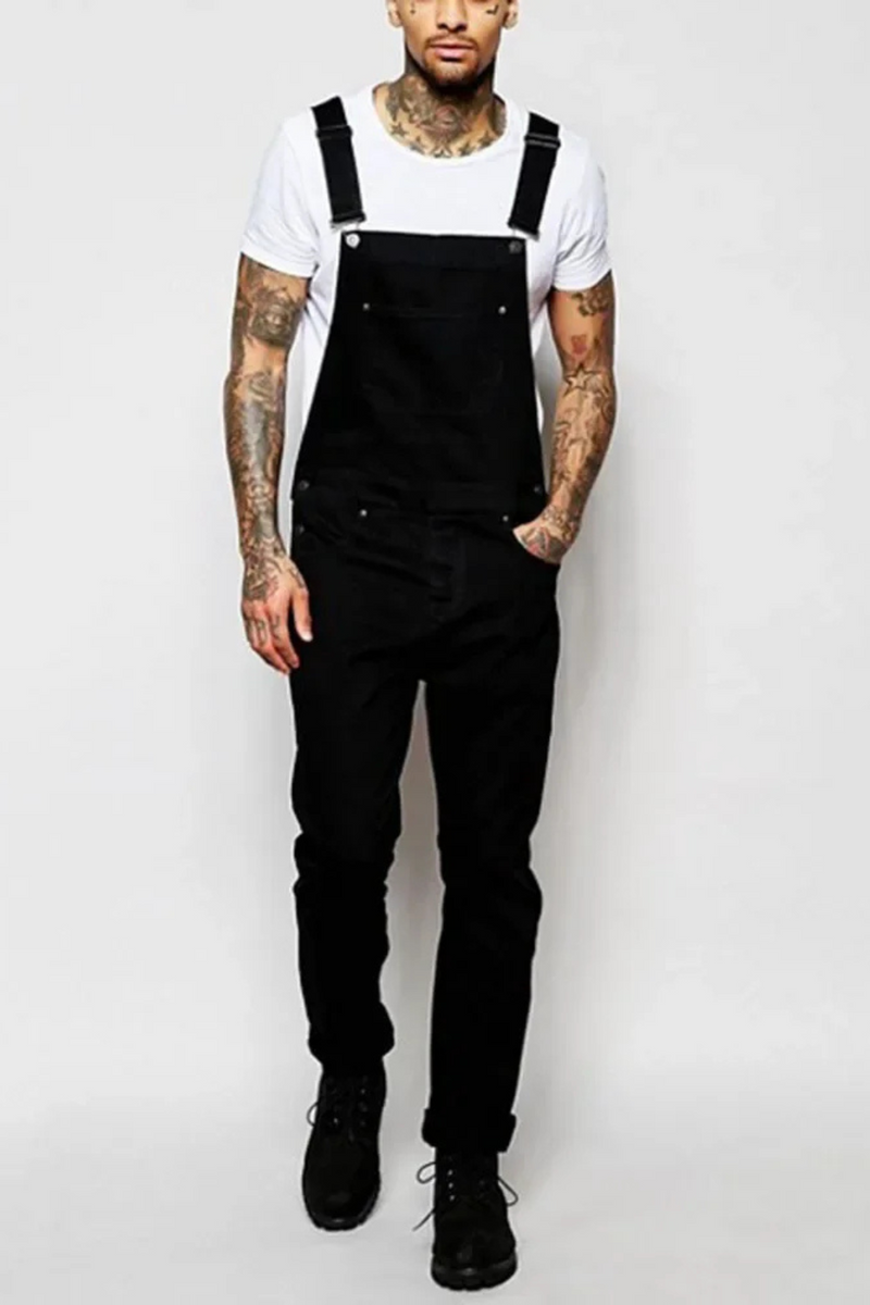 Autumn Men Overalls Men Casual Loose Long Denim Pants Splice Straight Rompers