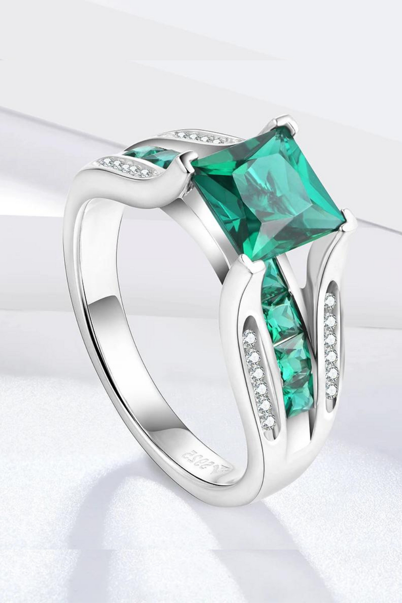 Sterling Silver Emerald Cut Emerald Created Gemstone Simple Ring For Women Fine Jewellery