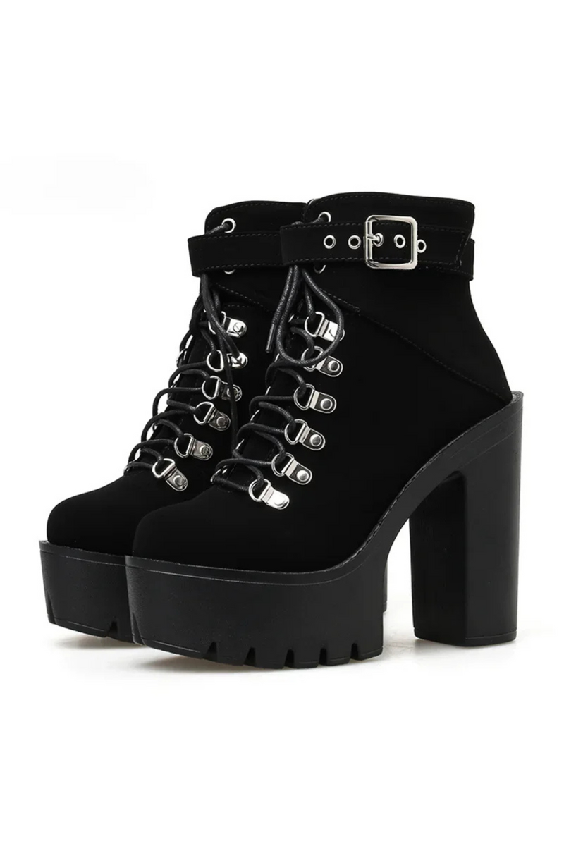 Lace Up Women Boots Platform Buckle Boot Winter Shoes Thick Heel Boots Black Gothic