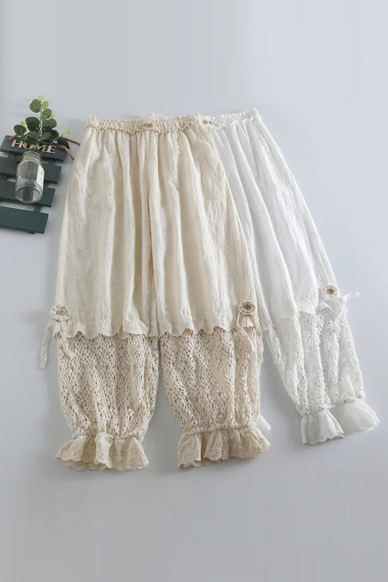 Lace Flower Embroidery Hollow Out Pants Women Kawaii Elastic Waist Ruffles Casual Loose