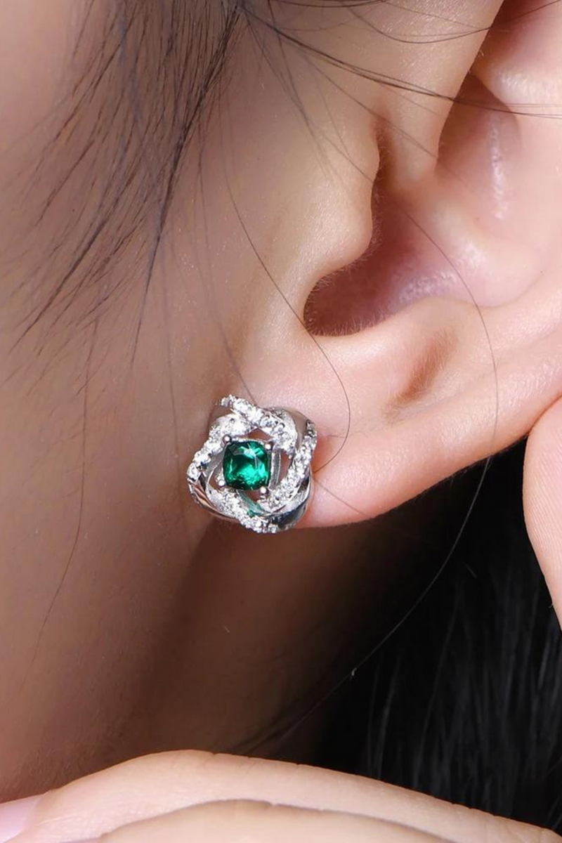 Sterling Silver Emerald Lab Grown Diamonds Ear Studs Cocktail Party Earrings Fine Jewelry