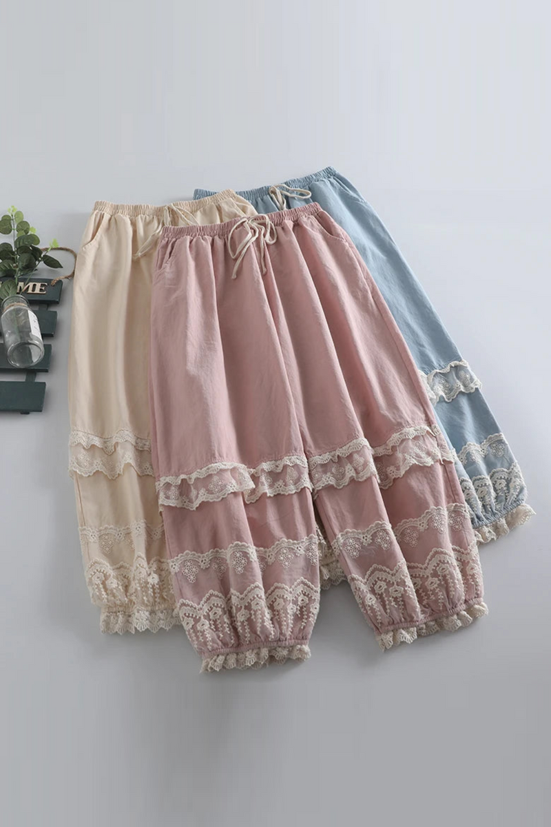 Summer Sweet Lace Stitched Pants Women Elastic Waist Casual Pants