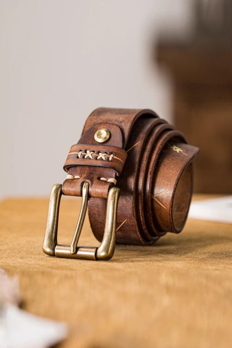 Men Leather Belt Distressed Buckle Single Prong Western Belts