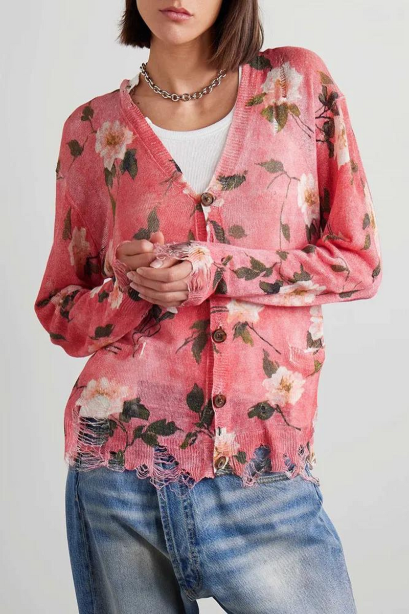 sweater Spring Summer Floral Broken Linen Knit Women's Coat Thin Long Sleeve Women top