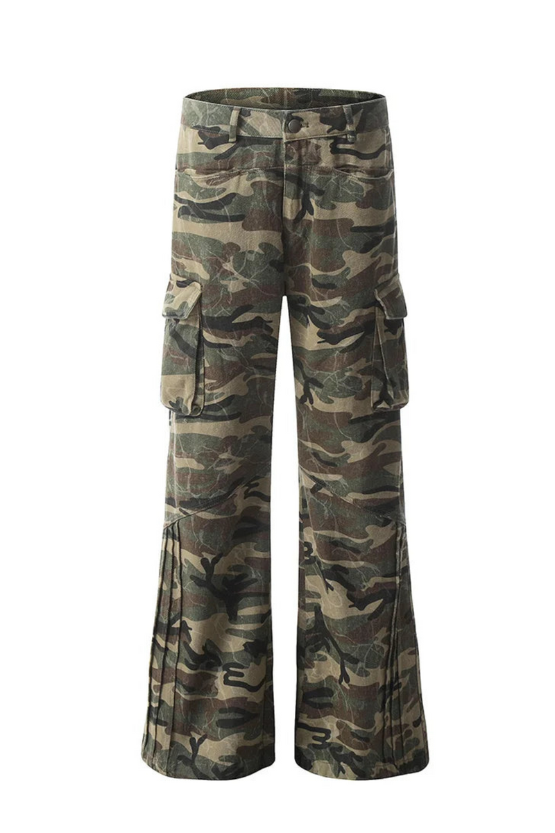 Pleated Camouflage Cargo Flare Pants Men Retro Safari Wide leg Pocket Trousers Men