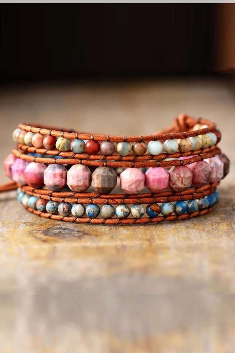 Leather Wrap Bracelets W/ Natural Stone Pink Rhodonite Statement Bracelet Women Teengirls Boho Jewelry