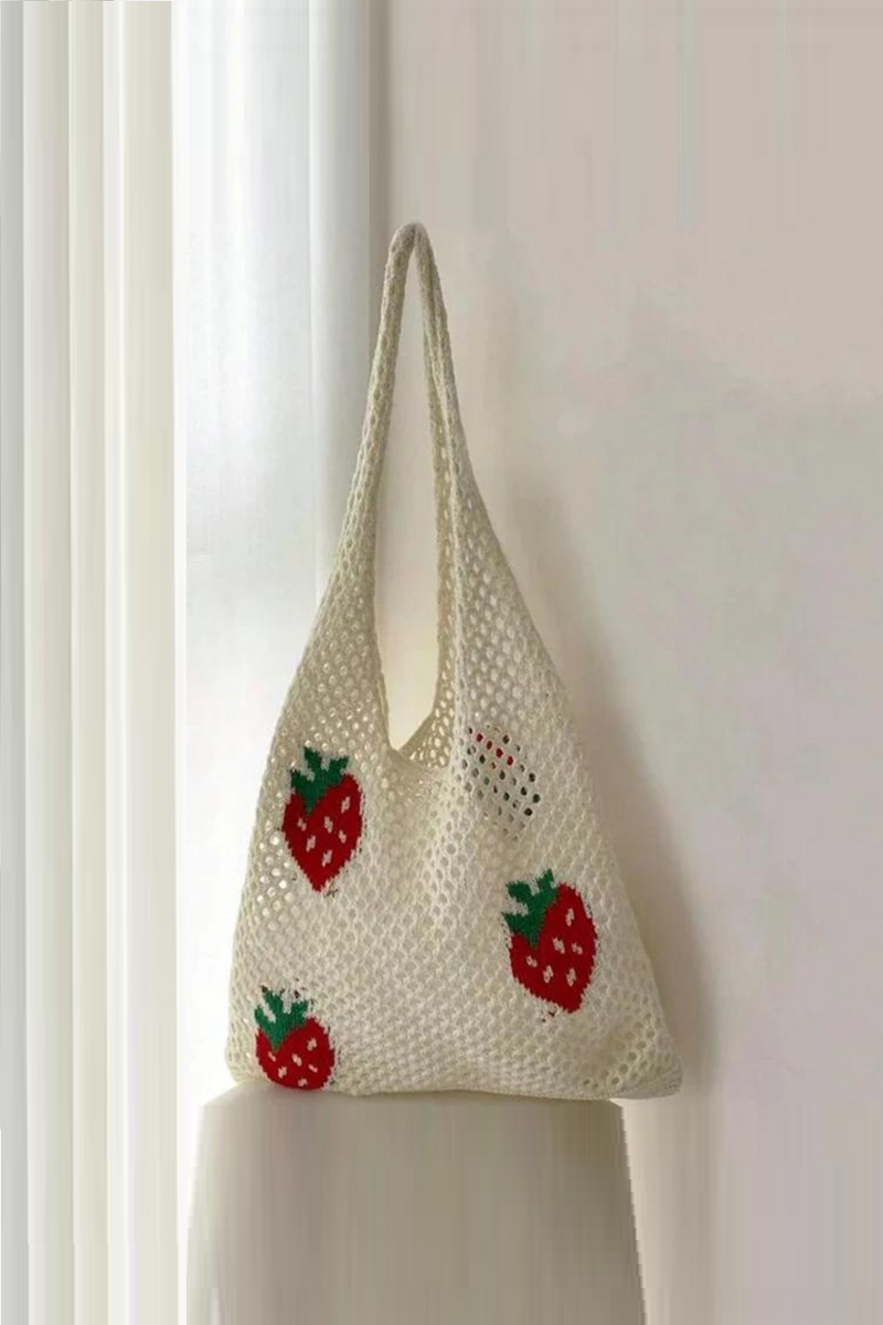 Women Large Capacity Shoulder Bag Stylish Strawberry Pattern Crochet Tote Bag All-Match Bag Cute Fanny Pack Knitting Bag