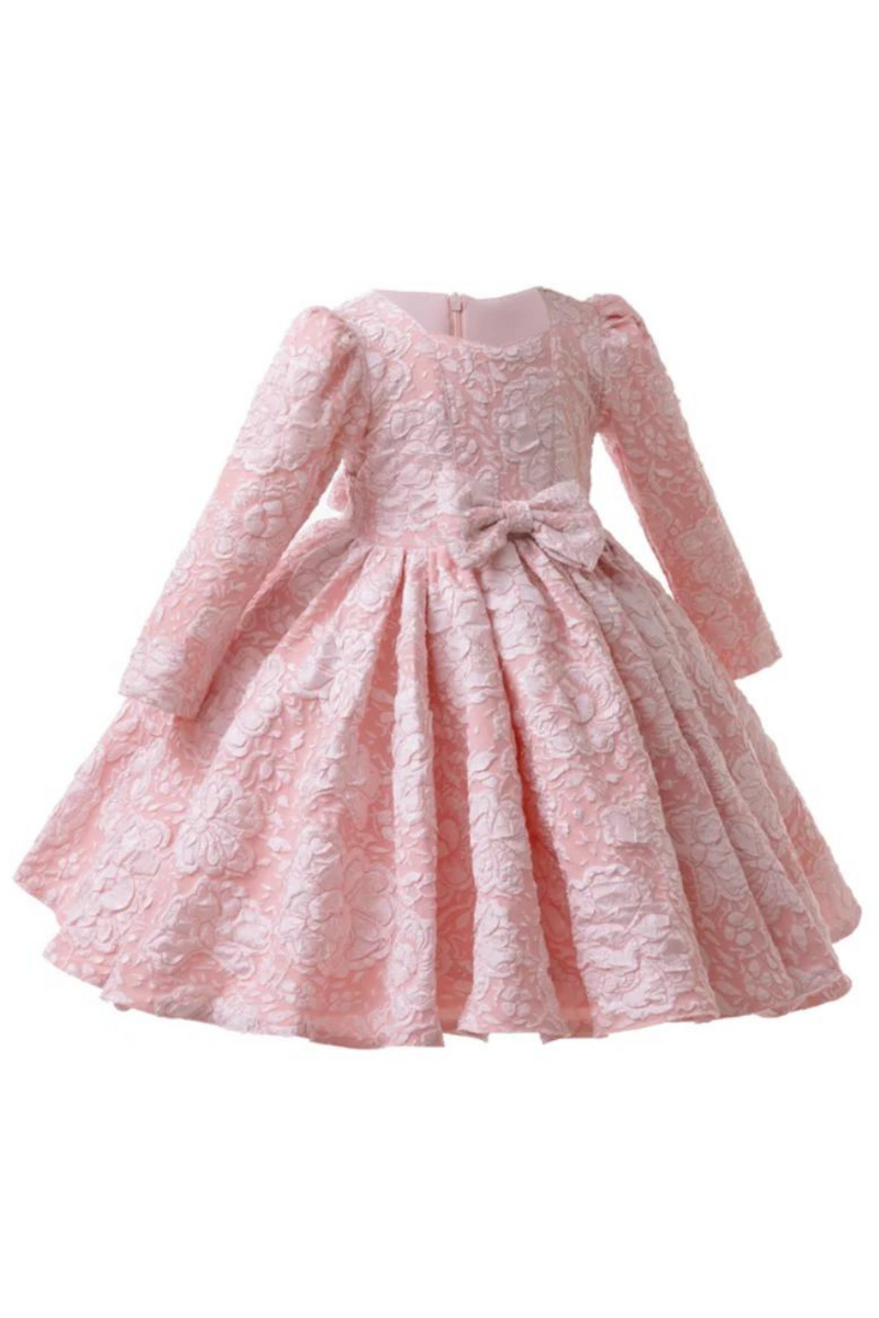 Girls Long Sleeved Bow Solid Dress Christmas Fashion School Performance Graduation Ceremony Evening Dress