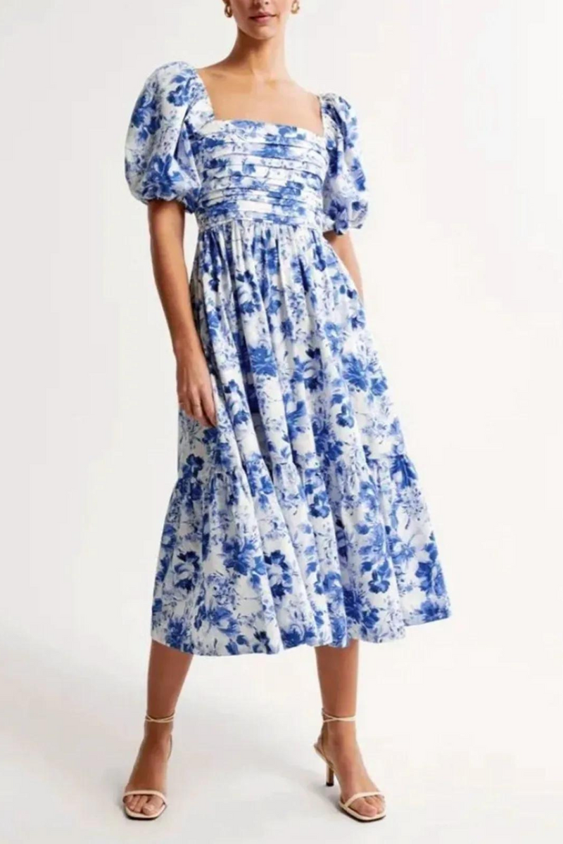 Summer Flower Dress Women Puff Sleeve Pleated Midi Dresses Casual Holiday