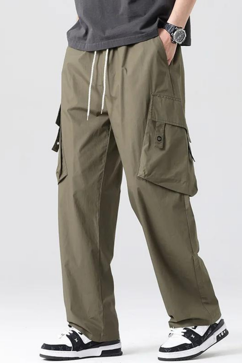 Men Cargo Pants Loose Casual Pants Straight Slanted Pocket Pants