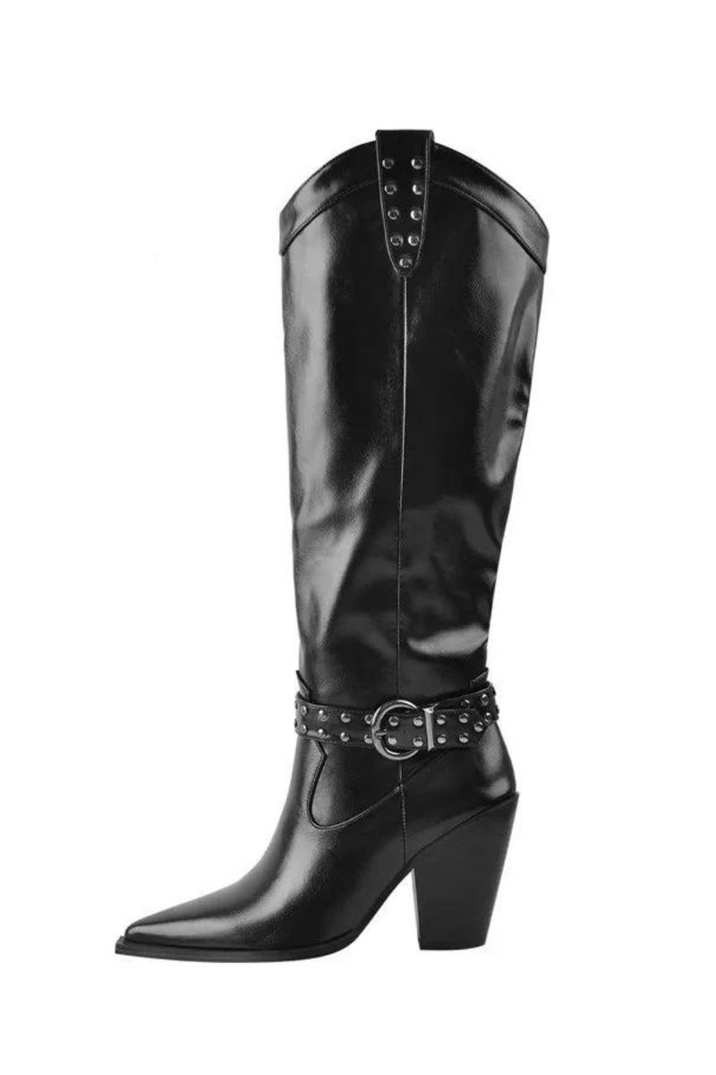 Women Pointed Toe Knee High Boots Metal Decoration Zipper Belt Buckle