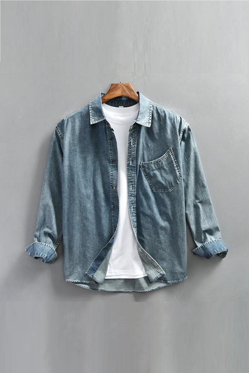 Spring Denim Shirts Man Vintage Blue Lapel