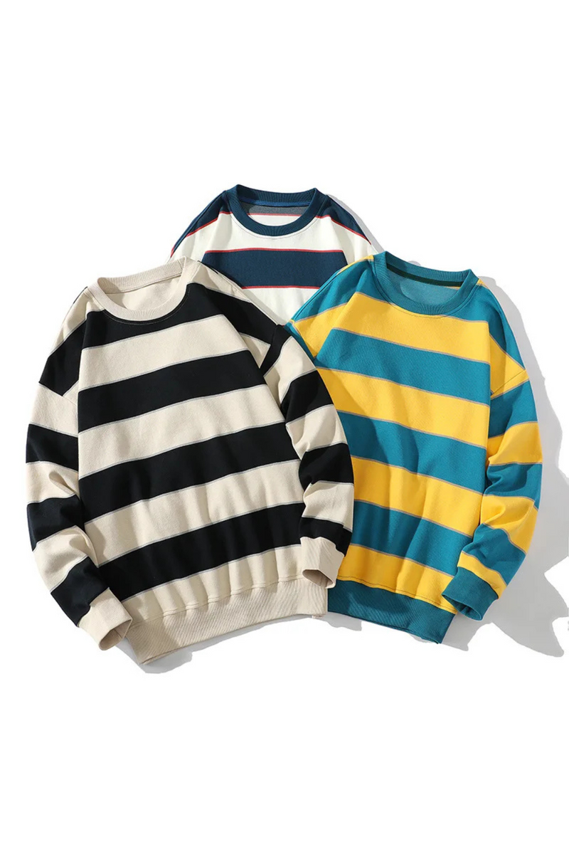 Spring Fall Striped Sweatshirt Contrast Color Patchwork O-neck Loose Casual Pullovers