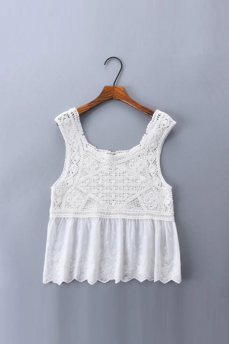 Summer Short Lace Sleeveless Women Top Knitted Patchwork Embroidery