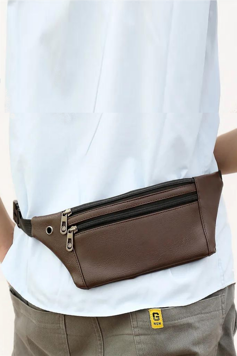 Men's Fanny Pack leather three-layer multi-purpose chest bag with earphone hole Sports money collection waist bag tide