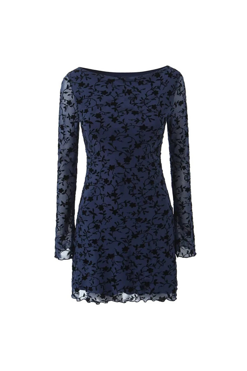 Autumn Women Long Sleeve Round Neck Floral Mesh Mini Dress