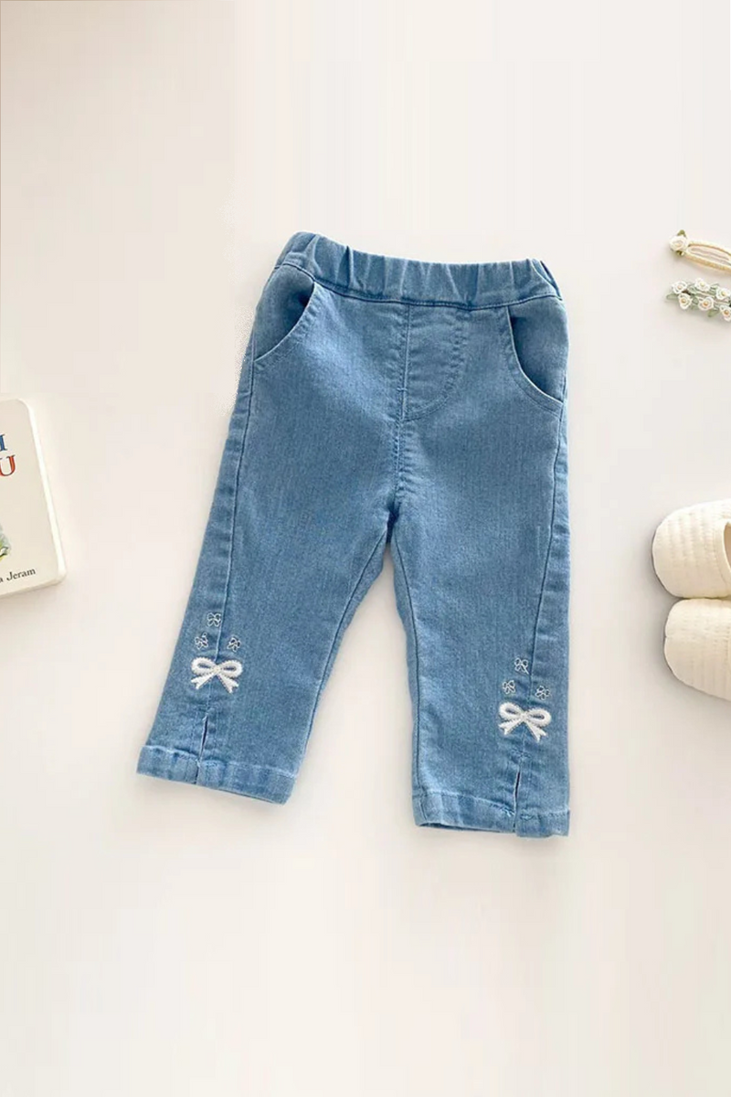 Spring Kids Jeans Trousers Children Girls Cute Bow Denim Blue Pants