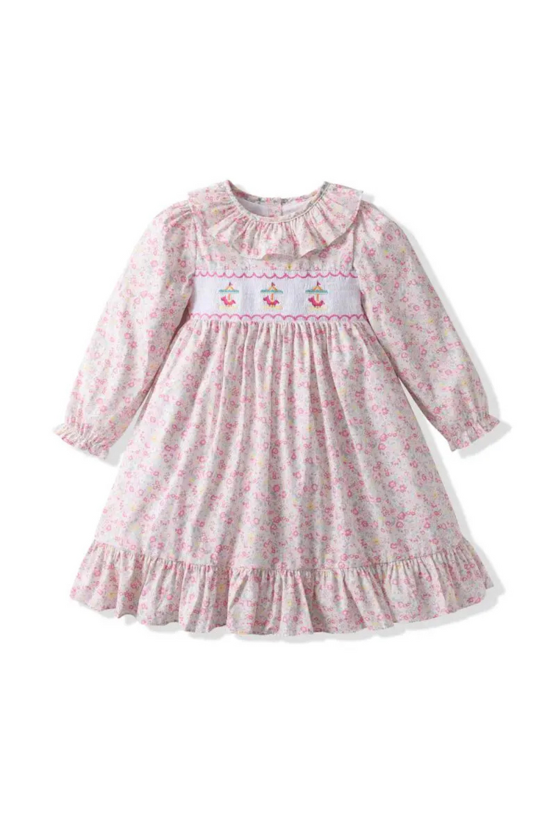 Flower Baby Girl Smocking Dress Children Sailboat Embroidery Puff Sleeve Dresses Girls Charlotte Princess