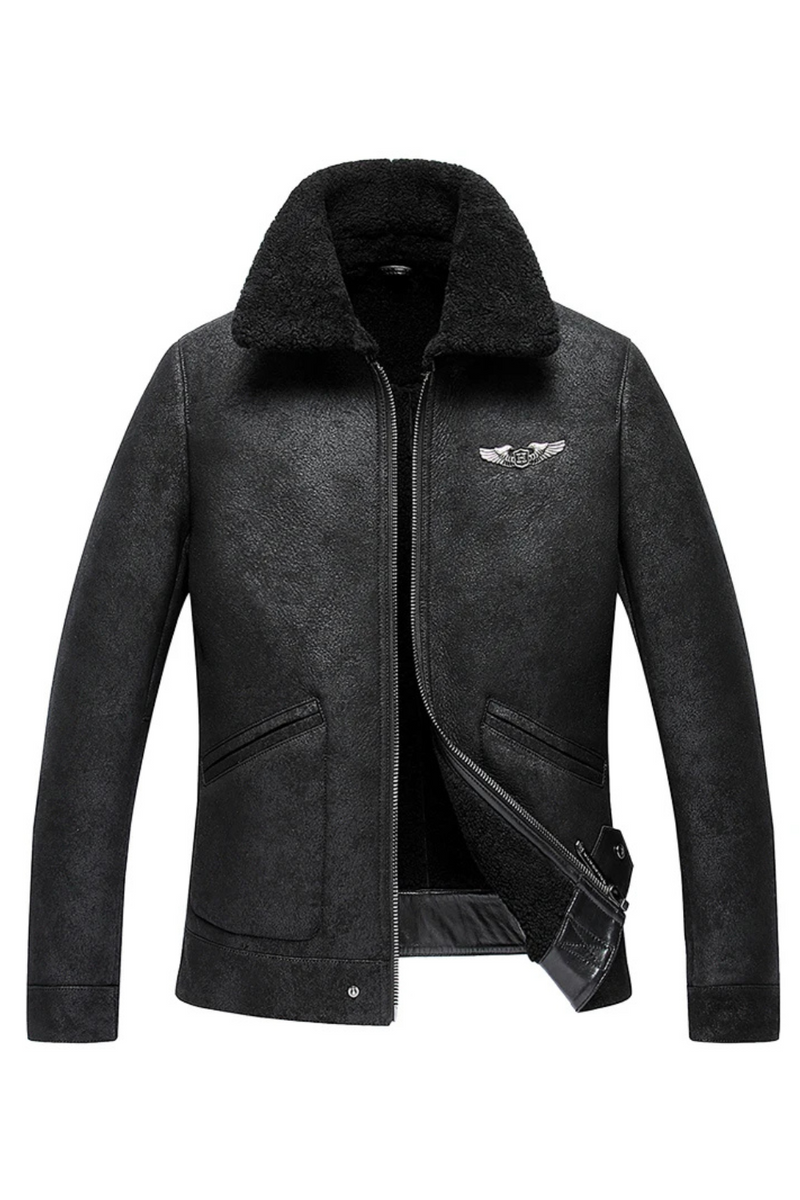 Mens Shearling Jacket Double-Face Fur Coat Leather Jacket Air Force Casual Jacket