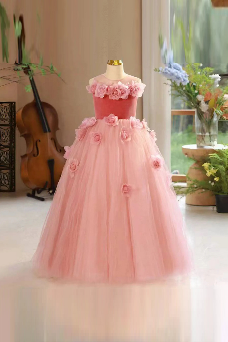 Elegant Pink Girl Dress Handmade Flowers Princess Kids Wedding Birthday Party Long Ball Pageant Gown