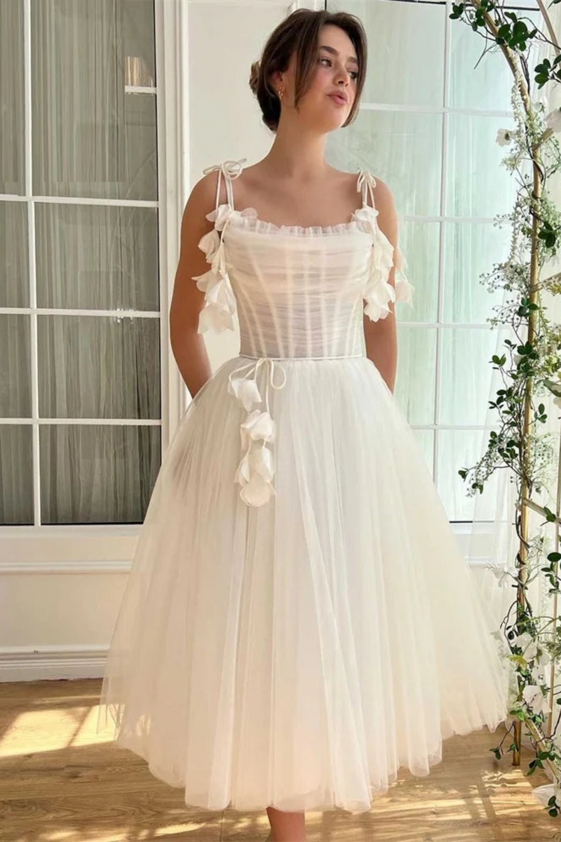 Princess White Tulle Wedding Dresses  with Flowers Elegant Ankle-length