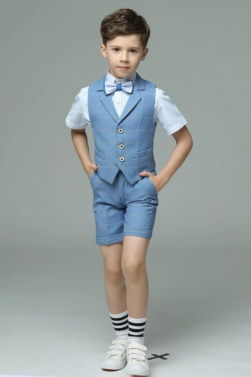 Summer Formal Plaid Suit Set Boys Dress Kids Vest Shirts Pants Clothing Set