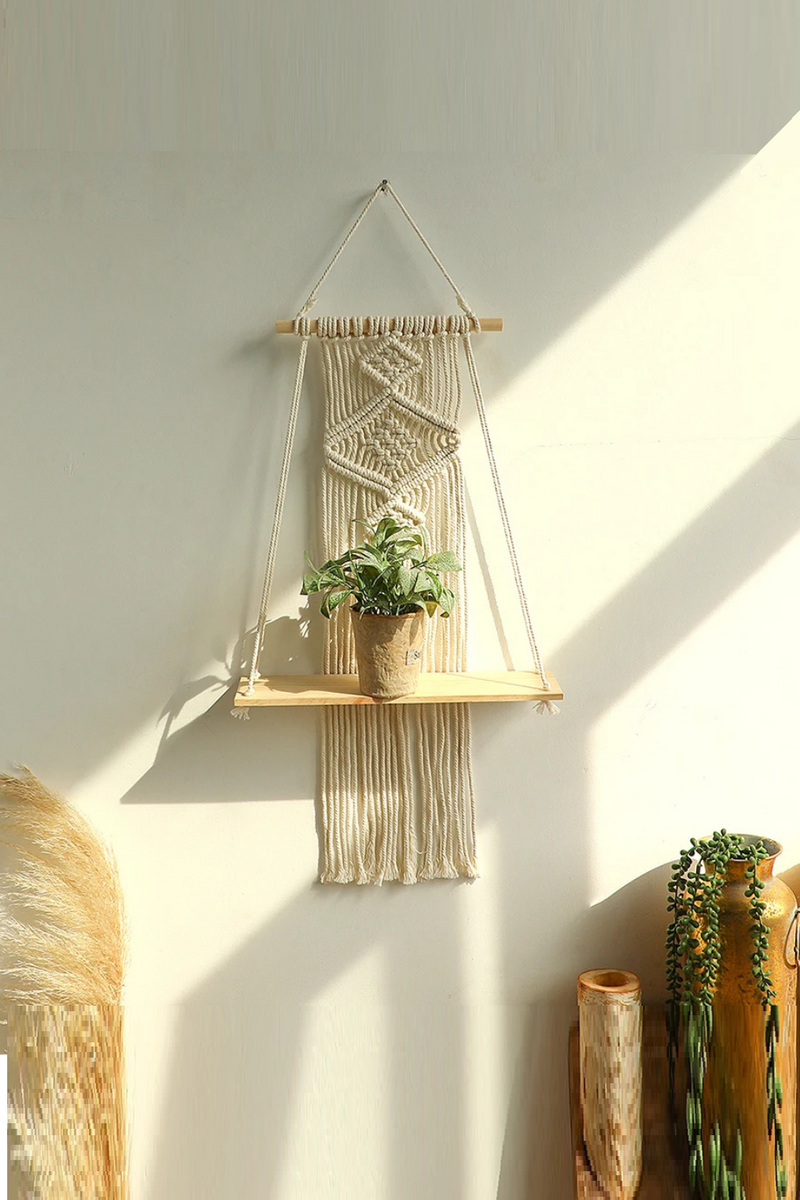 Macrame Wall Shelf Wood Floating Shelves Flower Pot Display Stand Hanging Wall Boho Home Decoration