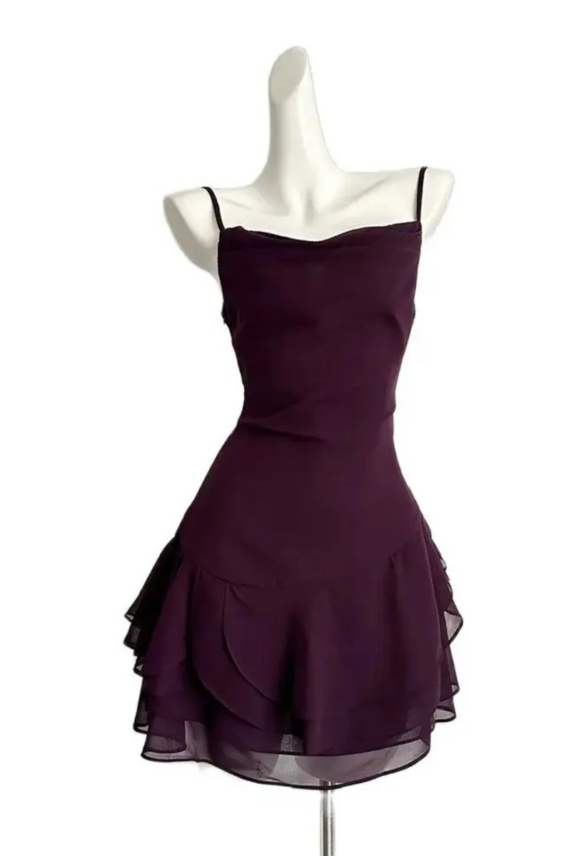 Women's Purple Sleeveless Off Shoulder Mini Dresses Elegant One Piece Frocks