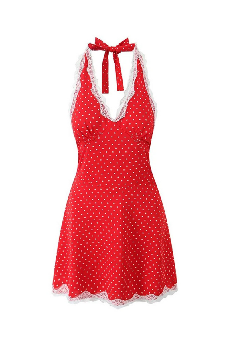 Backless Lace Patchwork Halter Dress For Women Dresses Style Polka Dot Short Robe