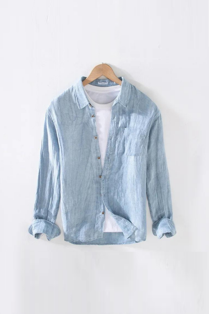 Men Spring and Summer  Linen Shirt Loose Distressed Retro Crumpled Square Collar Shirt