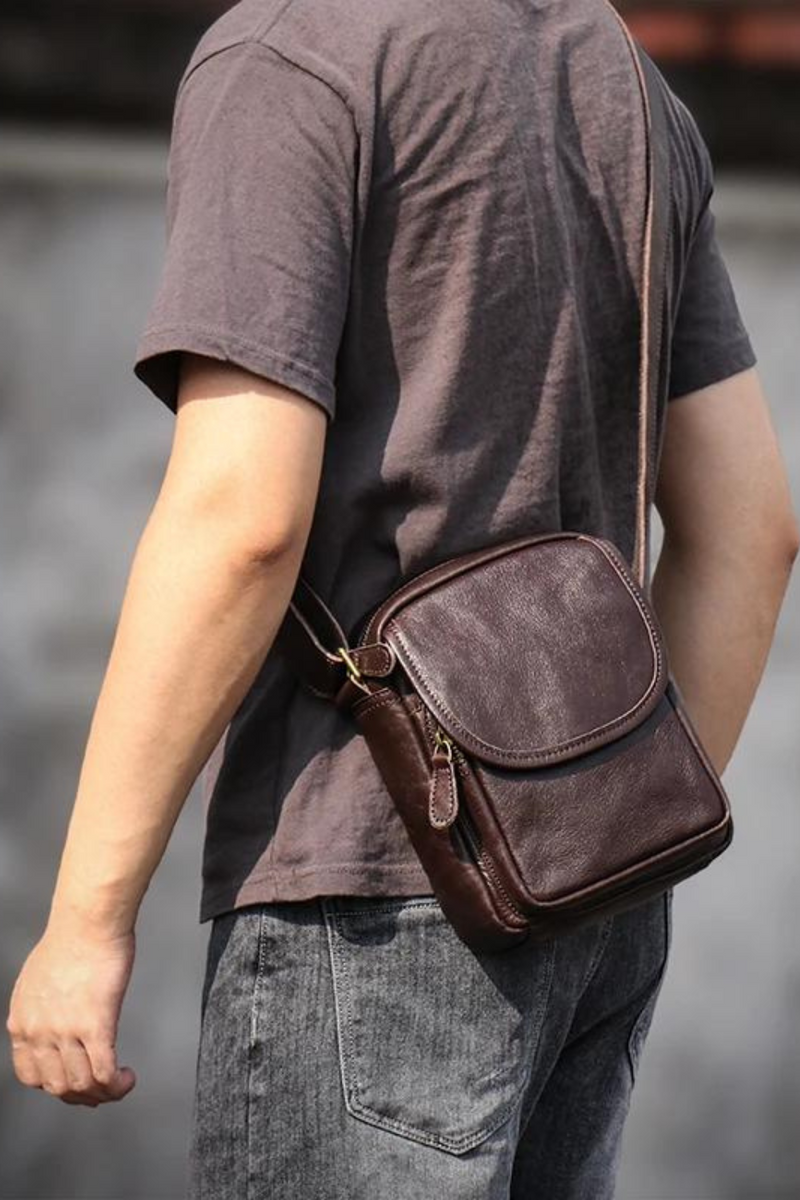 Leather Zipper Men's Shoulder Bag Natural Casual Satchel Man Retro Small Bag