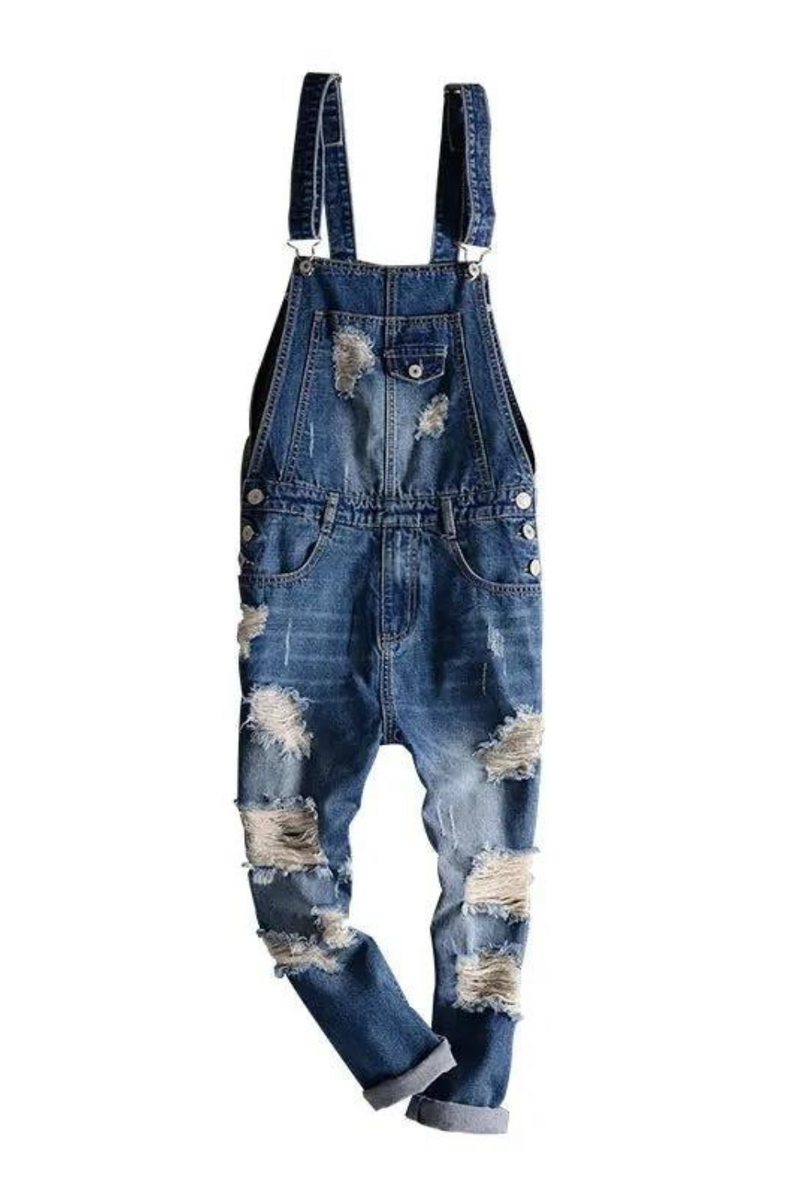 Men Denim Jumpsuit Ripped Tattered Jeans Bib Ankle Length Hip Hop Pants Trousers